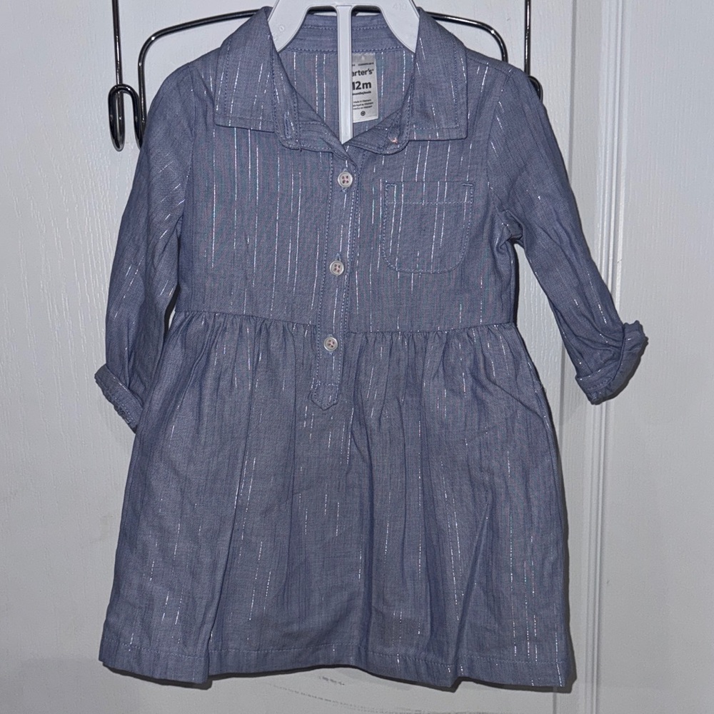 Carters Toddler Baby Girls Chambray Blue Silver Stripe Dress Bloomers 12M